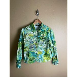 ELCC Stretch Buttoned Jacket Overshirt Tropical World Map Design Women’s S